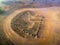 Aerial view of stone menhirs at Cromeleque do Xerez in Portugal at sunrise