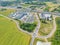 Aerial view of storage and freight terminal with trucks and containers. Industrial background. Logistic center