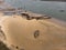 Aerial view of stranded broken wooden shipwrecks boat graveyard marine cemetery in Magouer Etel river Brittany France