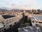 Aerial view of street with cars, Iwilei buildings, Honolulu city