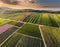 Aerial view of stunning agricultural fields showcasing nature\\\'s geometric patterns at sunset