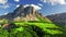 Aerial view of stunning Passo delle Erbe at sunset, Dolomites