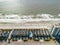 Aerial view of stunning view of beachfront condos situated along an oceanfront in Surfside Beach