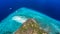 Aerial view of the Sumilon island, sandy beach with tourists swimming in beautiful clear sea water of the Sumilon island beach,