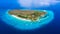 Aerial view of the Sumilon island, sandy beach with tourists swimming in beautiful clear sea water of the Sumilon island beach,