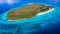 Aerial view of the Sumilon island, sandy beach with tourists swimming in beautiful clear sea water of the Sumilon island beach,