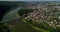 Aerial view of the summer Dnister river bend canyon and famous Ukrainian Zalischyky town. Ternopil region, Ukraine