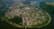 Aerial view of the summer Dnister river bend canyon and famous Ukrainian Zalischyky town. Ternopil region, Ukraine