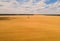 Aerial view of summer harvest. Combine harvester harvesting large field