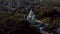 Aerial view at sunny cityscape with houses and church