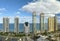 Aerial view of Sunny Isles Beach city with luxurious highrise hotels and condos on Atlantic ocean shore. American