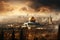 An aerial view of sunrise behind the dome of the rock and old city of jerusalem, israel, palestine