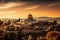 An aerial view of sunrise behind the dome of the rock and old city of jerusalem, israel, palestine