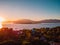 Aerial view with sunrise at Gili islands and sea. Gili Meno, Gili Air and Lombok