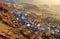 Aerial view of sunrise over rural village, Slovakia