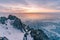 Aerial view sunset over freeze water lake in winter season