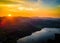 Aerial view of sunset over Ullswater lake in Lake District, a region and national park in Cumbria in northwest England