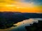 Aerial view of sunset over Ullswater lake in Lake District, a region and national park in Cumbria in northwest England