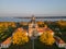 Aerial view of a sunset at Pazaislis monastery in Kaunas, Lithuania in autumn