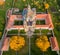 Aerial view of a sunset at Pazaislis monastery in Kaunas, Lithuania in autumn