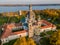 Aerial view of a sunset at Pazaislis monastery in Kaunas, Lithuania in autumn