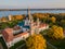 Aerial view of a sunset at Pazaislis monastery in Kaunas, Lithuania in autumn