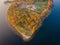 Aerial view of a sunset at Pazaislis monastery in Kaunas, Lithuania in autumn