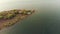 Aerial view on sunset on riverbed and small bird island in Goa.