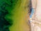 Aerial view of surfboards on the beach