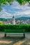 Aerial view of the swiss city schaffhausen and saint johann church with a bench...IMAGE