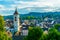 Aerial view of the swiss city schaffhausen and saint johann church during sunset...IMAGE