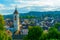 Aerial view of the swiss city schaffhausen and saint johann church during sunset...IMAGE