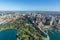 Aerial view of Sydney Royal Botanic Garden public garden and skyscrapers of CBD
