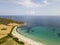 Aerial view of Tamarone beach, Plage de Tamarone, Cap Corse peninsula, Macinaggio, Corsica, France