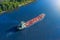 Aerial view tanker ship with liquid bulk cargo is sailing in channel water
