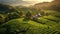 Aerial view of tea plantation is foggy in the morning, vietnam. Generative Ai