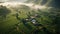 Aerial view of tea plantation is foggy in the morning, vietnam. Generative Ai
