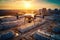 Aerial view technician drone flies solar rooftop in the city first person view