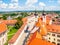 Aerial view of Telc with main square and towers of church of the Holy Name of Jesus, Czech Republic. UNESCO World