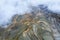 Aerial view of terraced fields in clouds fog