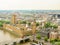 Aerial view of the Thames River, Houses of Parliament, Big Ben clocktower and Westminster Bridge