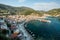 Aerial view of thee small fishing village of Parga, Greece