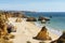 Aerial view of Three castles Beach in Portimao, portuguese Algarve, Portugal