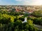 Aerial view of the Three Crosses monument overlooking Vilnius Old Town on sunset. Vilnius landscape from the Hill of Three Crosses