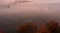 Aerial view to autumn misty fog, trees and path, Czech landscape