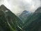 Aerial view to the beautiful mountain landscape. A panorama from the drone. Dombai Russia