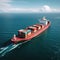 Aerial view to cargo ship with colorful containers on the open sea, transportation concept