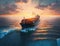 Aerial view to cargo ship with containers on deck in open sea beautiful sunset, cargo transportation