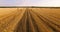 Aerial view to golden field with roll bales of wheat straw at sunset