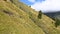 Aerial view to the grassy mountainside. Aerial Landscape Of A Mountainside With Dirt Trails and small stream Through